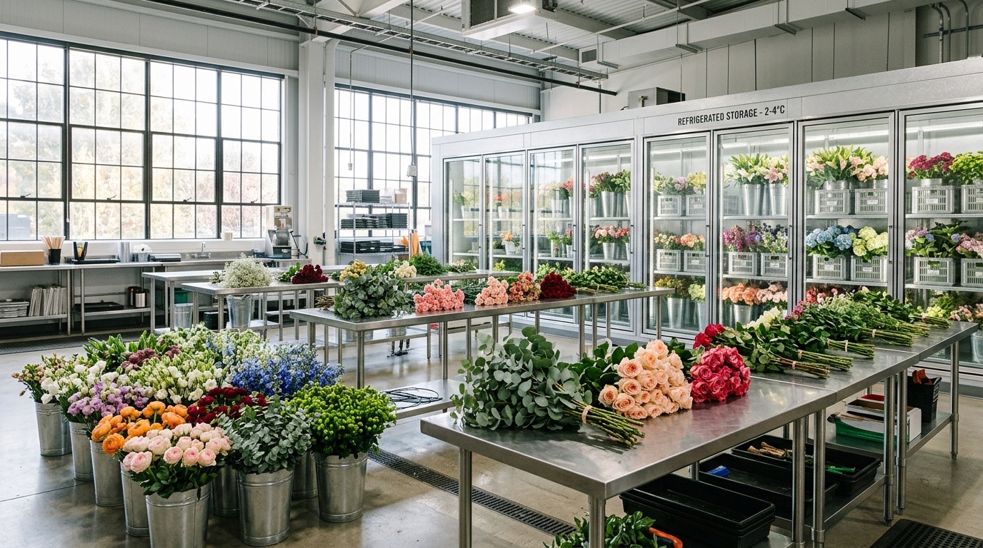 Inside a modern floral distribution and processing facility